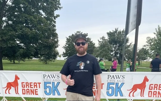 Cyber Pup at the PAWS Chicago 5K start line at Montrose Harbor